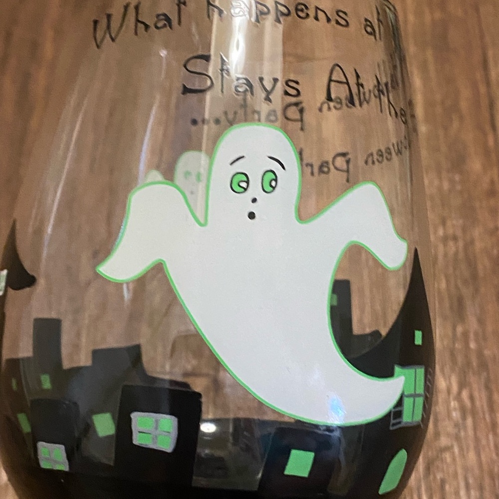 Halloween Hand Painted Wine Glass 9” H Tall Ghosts Haunted House & Saying - Picture 3 of 8
